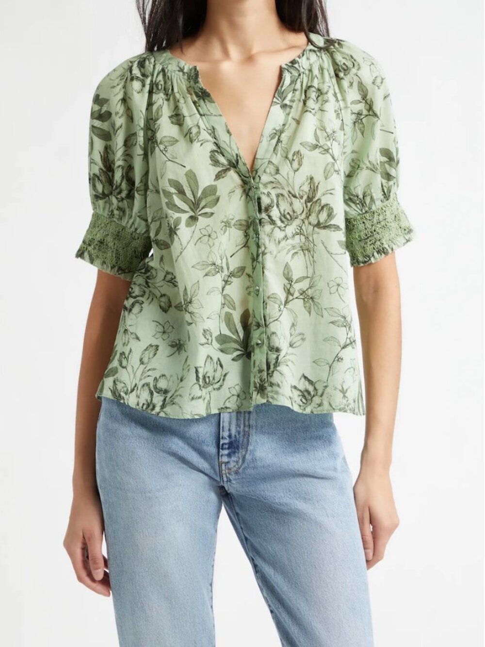 Alice + Olivia Thalia Floral Cotton Puff Sleeve Blouse Green Best Fit L